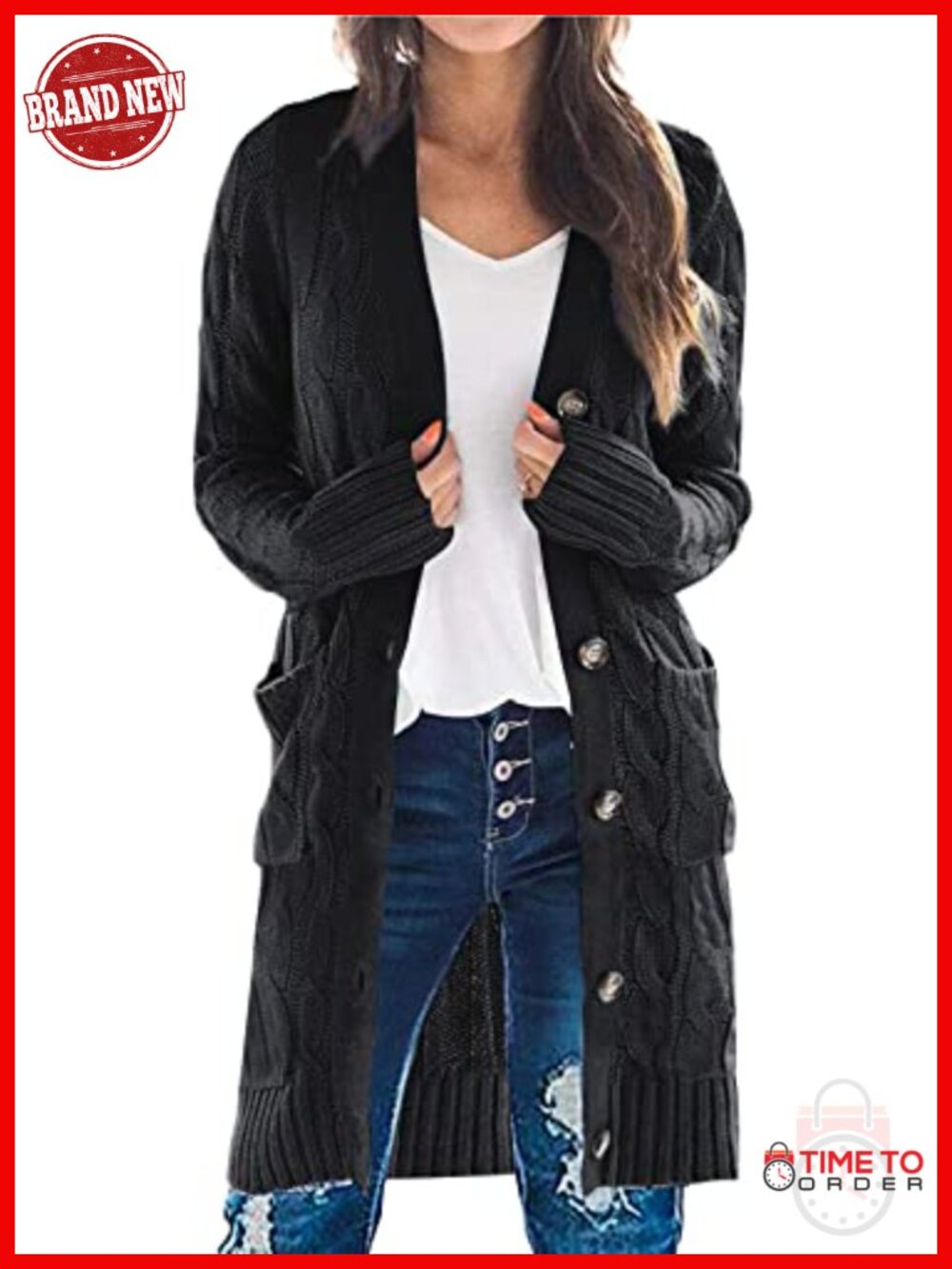 Chunky Cable Knit Long Cardigan Button Down Sweater with Pockets
